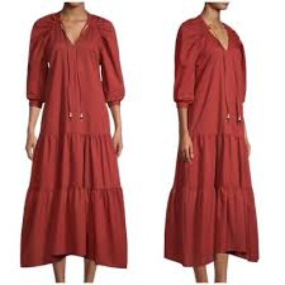 BOSS by Hugo Boss Depera Poplin Tiered Midi-Maxi Dress in Burnt Sienna - Fall! 4 - Picture 5 of 16